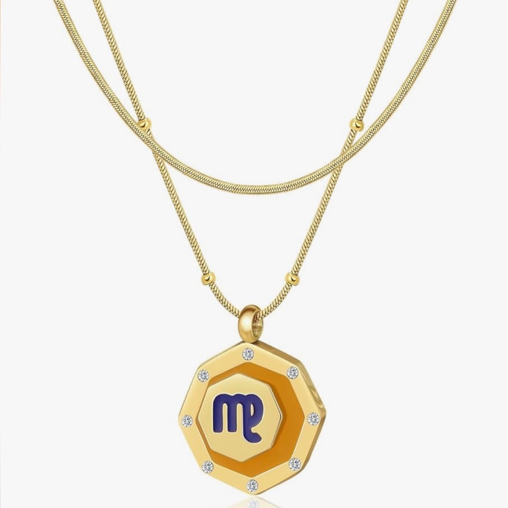 Virgo - Gold Enamel CZ Zodiac Pendant Beaded Chain Necklace + FREE Snake Chain